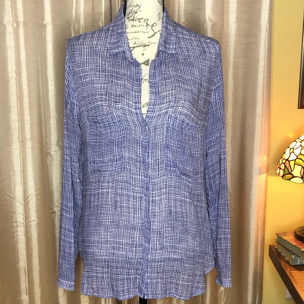 Cloth & Stone Grid Hipster Blue White Button Down Shirt Sheer Oversized Medium